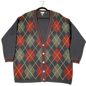 DKNY Wool Argyle Preppy Collegiate Grandmacore Relaxed Cardigan Sweater *